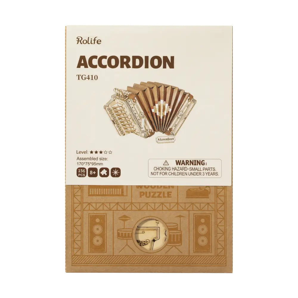 Cutia originală a Puzzle-ului 3D Acordeon Rolife prezentând designul atractiv al ambalajului