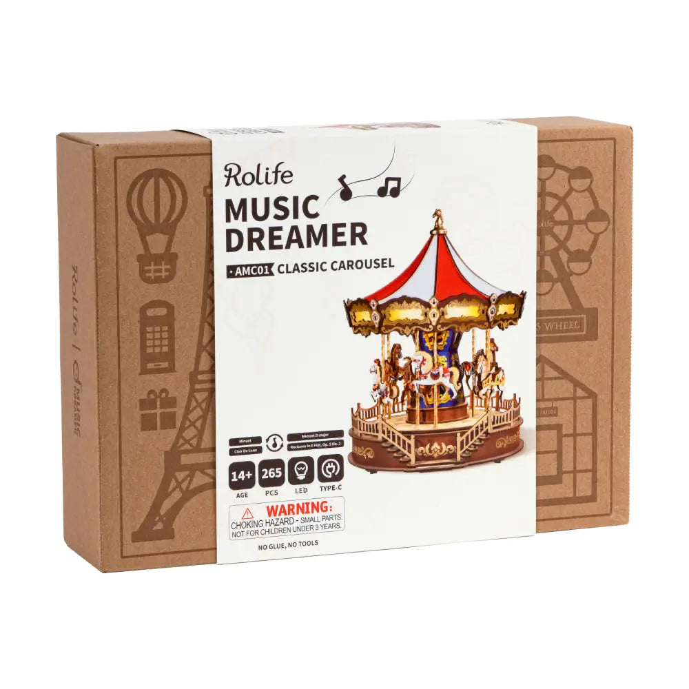 Puzzle carusel 3D cu LED si muzica model DIY pentru pasionati de constructii creative