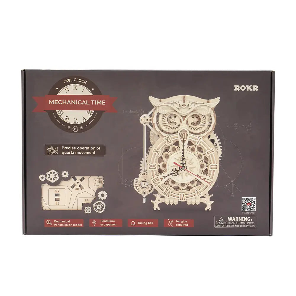 Puzzle 3D Ceas Bufnita din lemn ambalaj frontal cu design vintage si mecanism quartz