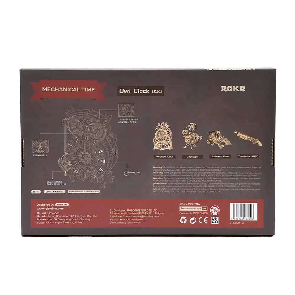 Puzzle 3D Ceas Bufnita din lemn ambalaj spate cu prezentarea mecanismului