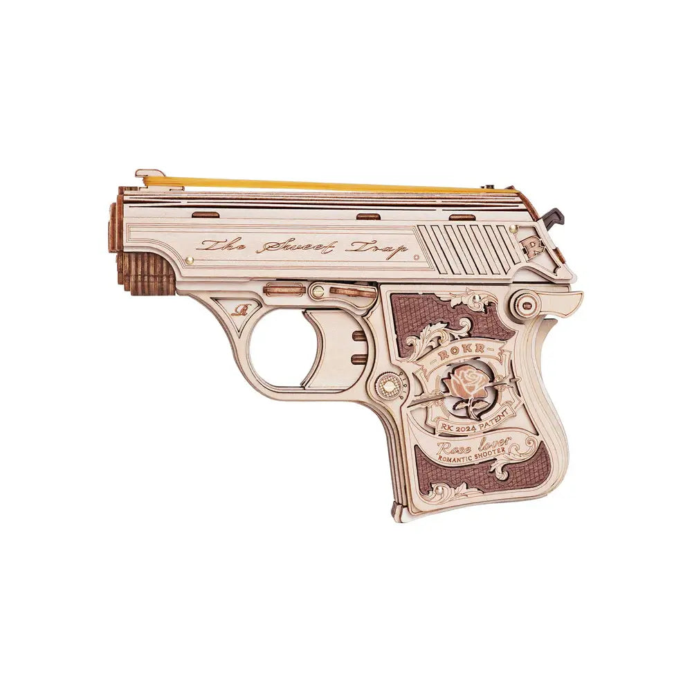 Puzzle 3D Mini Pistol ROKR LQ502 din lemn, model asamblat cu detalii gravate si tragaci mobil