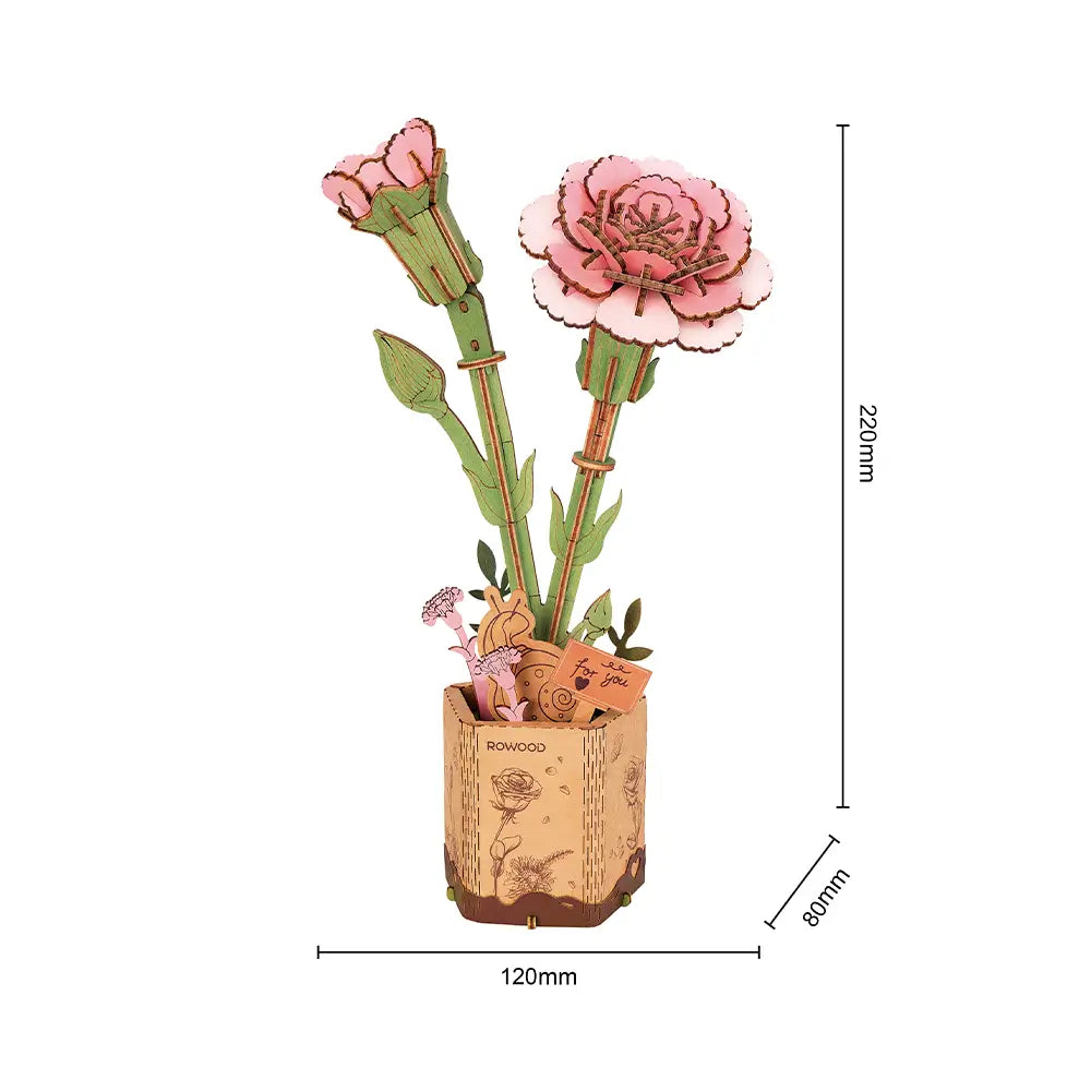 Puzzle 3D Garoafa Roz asamblat Vedere cu dimensiunile exacte