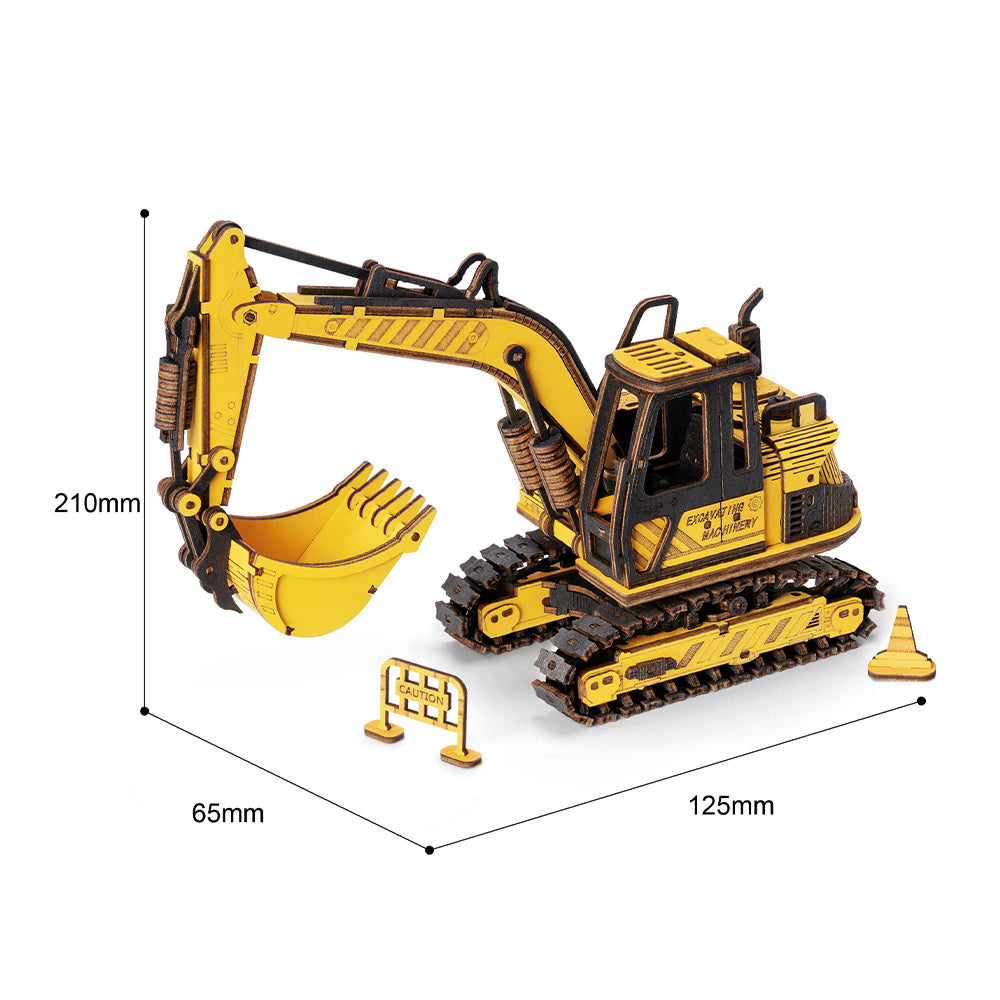 Excavator 3D de asamblat, puzzle din lemn cu design detaliat și realist, fără necesitate de lipici