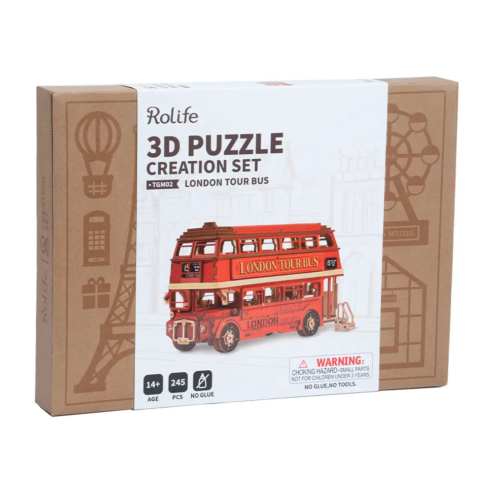 Puzzle 3D Autobuzul Londonez Fața cutiei cu design detaliat și autentic