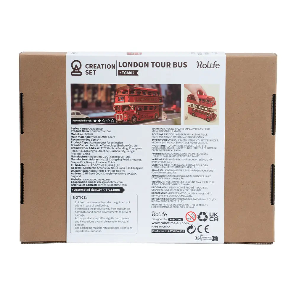 Puzzle 3D Autobuzul Londonez Spatele cutiei cu instrucțiuni clare și imagini atractive