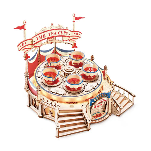 Puzzle 3D Carusel Rotativ cu Cescute ROKR un spectacol mecanic in miniatura construit din lemn cu lumina muzica si magie in fiecare detaliu