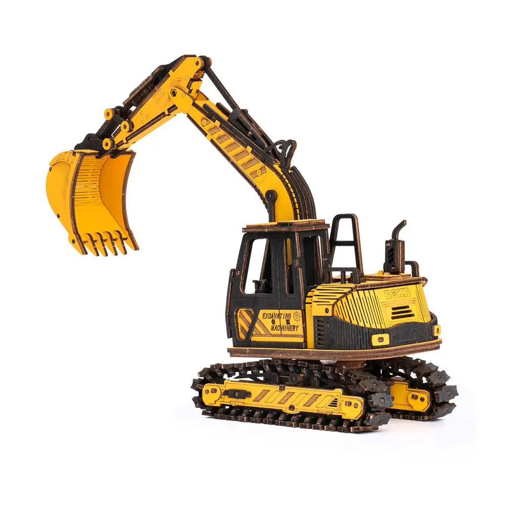 Puzzle 3D Excavator din lemn, model interactiv, ideal pentru pasionatii de constructii si mecanica