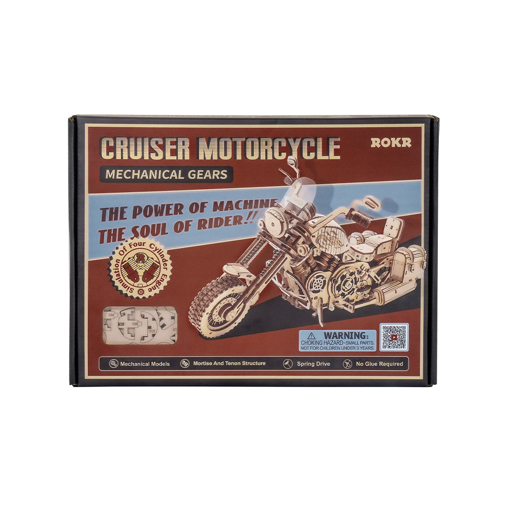 Puzzle 3D Rokr Motocicleta Cruiser LK504 din lemn 420 piese vedere ambalaj din fata