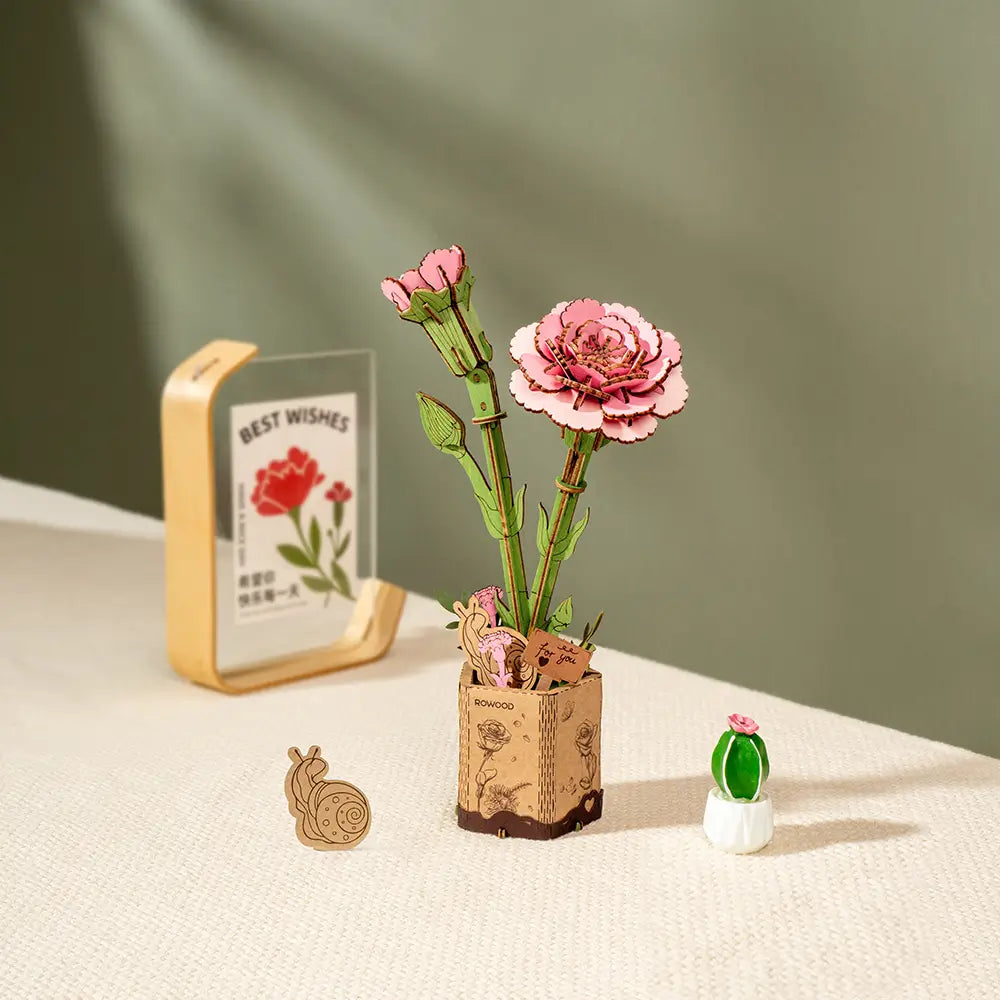 Garoafa Roz construită din Puzzle 3D lemn Rowood Decorațiune unică