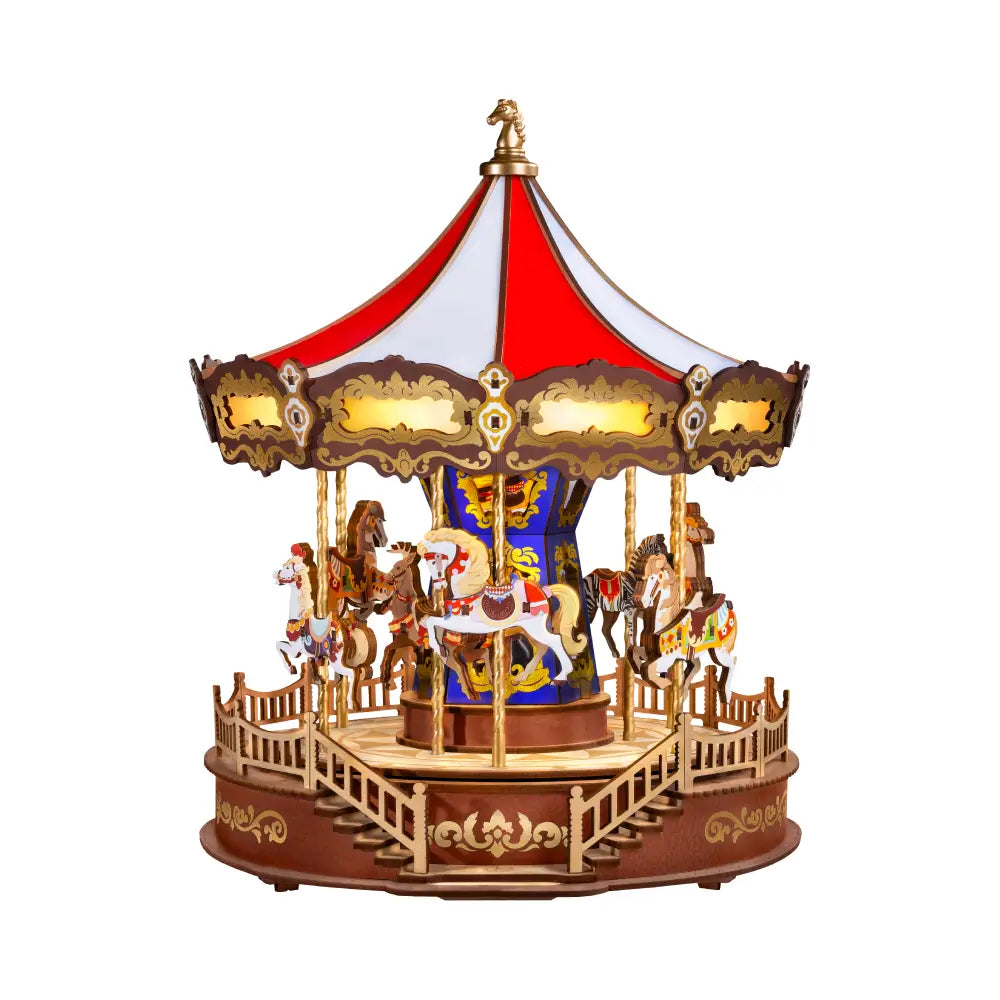 Carusel muzical Rolife puzzle 3D din lemn in stil retro cu cai decorativi si acoperis rosu-alb
