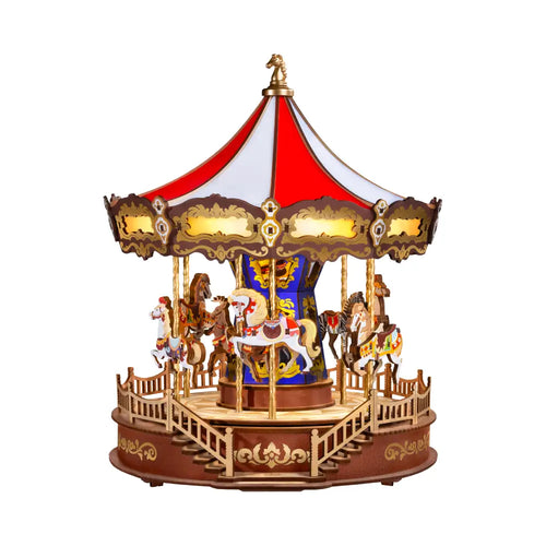 Carusel muzical Rolife puzzle 3D din lemn in stil retro cu cai decorativi si acoperis rosu-alb