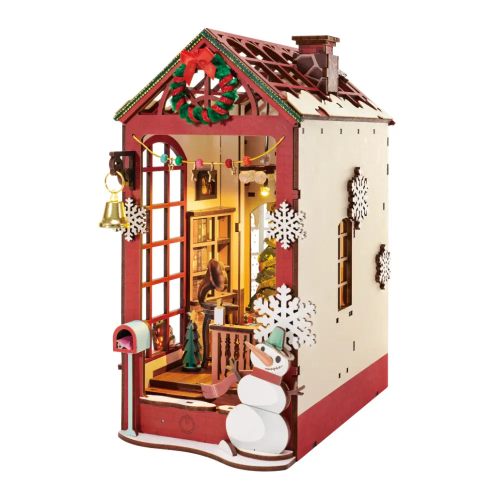 Puzzle 3D Magia Crăciunului, dioramă din lemn cu om de zăpadă în fața casei