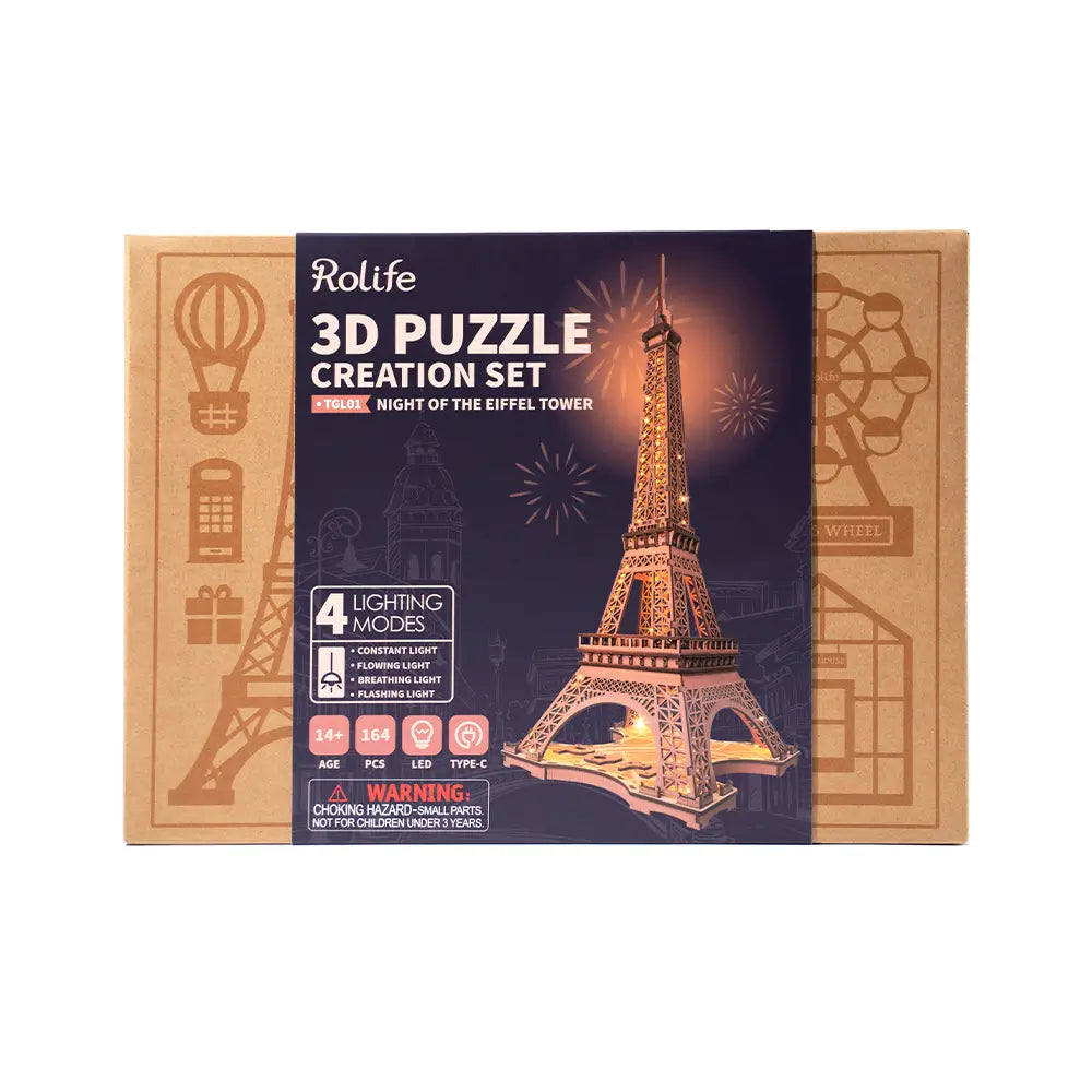 Puzzle mecanic din lemn Turnul Eiffel din Paris, cu detalii arhitecturale impresionante și iluminare LED