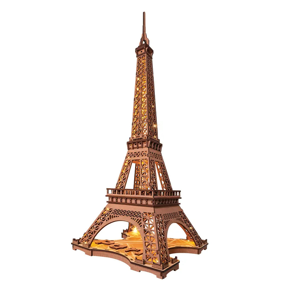 Puzzle 3D Turnul Eiffel din lemn Rolife, cu lampă de veghe și detalii arhitecturale impresionante