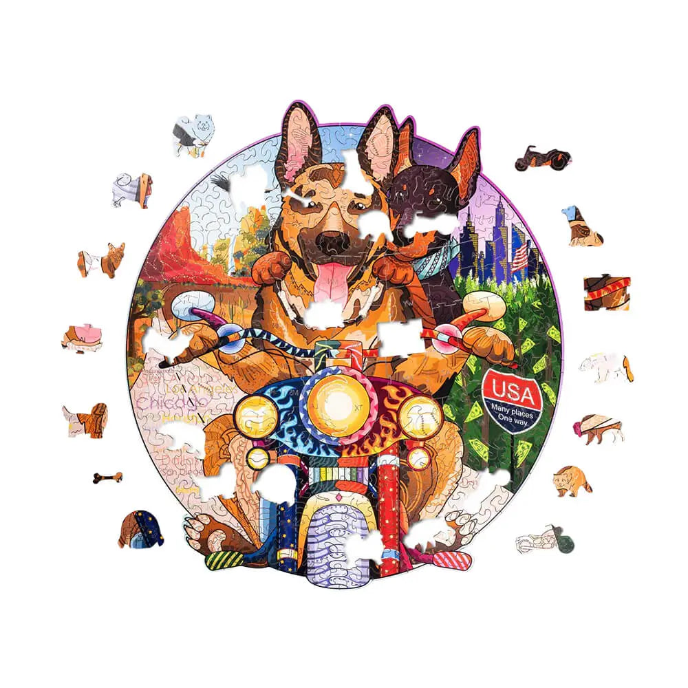 Puzzle Biker Dogs, 256 piese, 7 cristale Swarovski, lemn