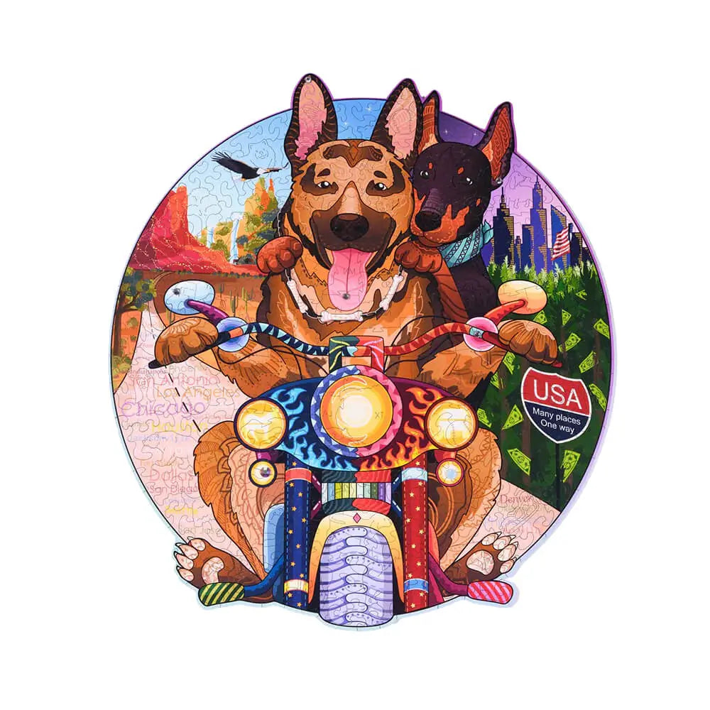 Puzzle Biker Dogs, 256 piese, 7 cristale Swarovski, lemn