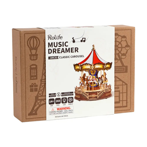 Puzzle carusel 3D cu LED si muzica model DIY pentru pasionati de constructii creative