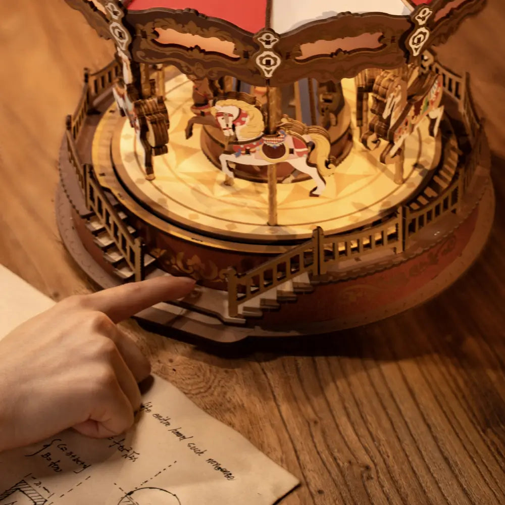 Carusel muzical lemn iluminare led design vintage puzzle 3d