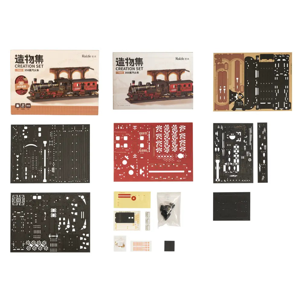 Set complet componente puzzle 3D Tren cu Aburi Express Rolife, plăci din lemn tăiate laser, piese colorate negru și roșu pentru asamblare DIY