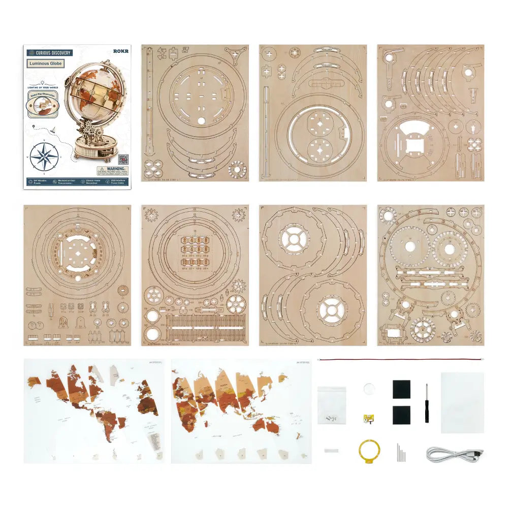 Componente puzzle 3D glob luminos Curious Discovery cu detalii pentru asamblare si harti pentru observarea lumii