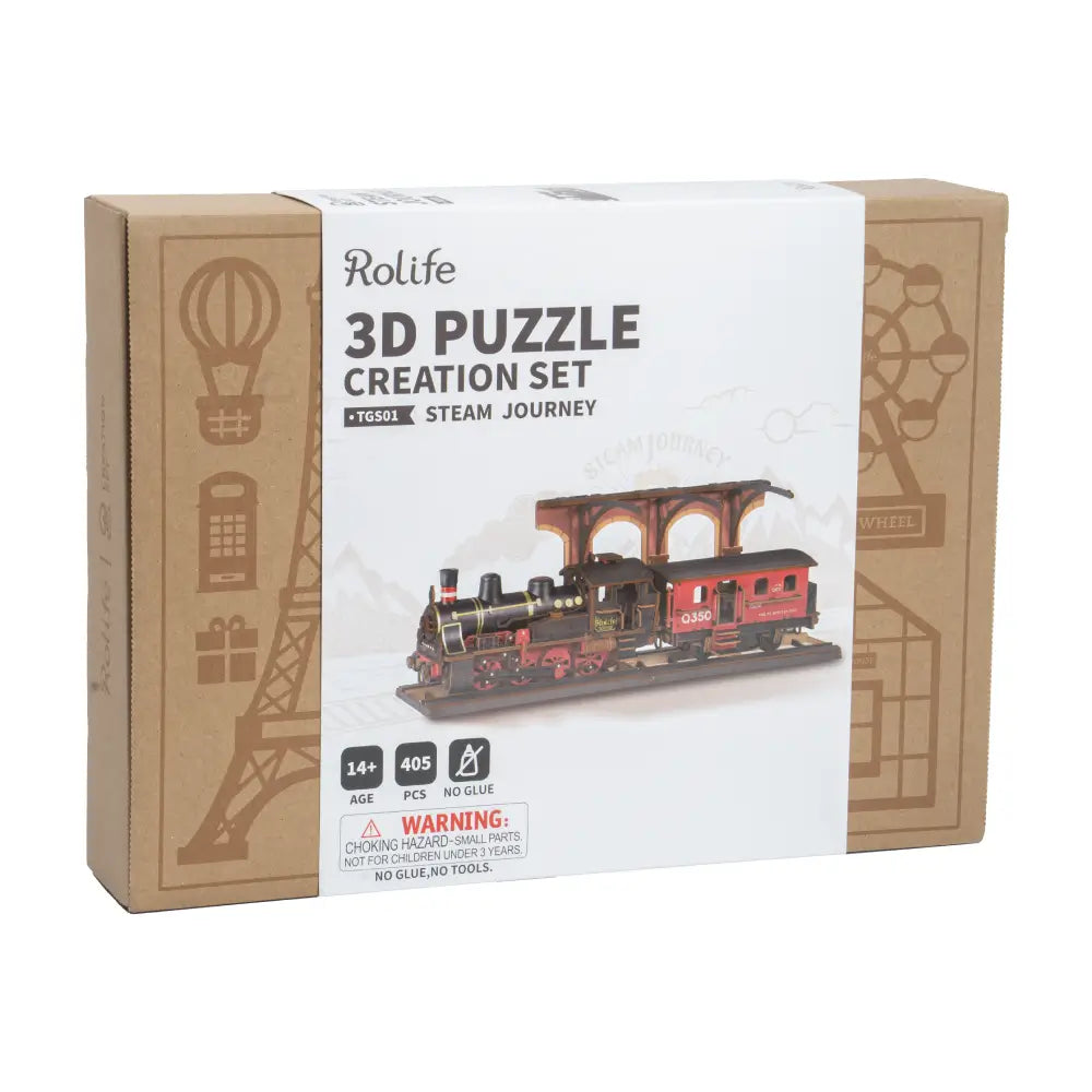 Ambalaj premium Puzzle 3D Creation Set Rolife, model TGS01 Steam Journey, kit de construcție pentru adulți cu 405 piese