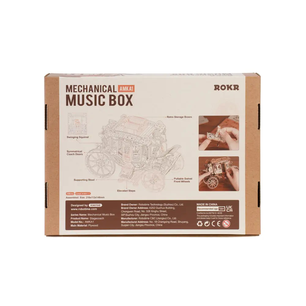 Spatele ambalajului pentru puzzle-ul 3D Diligenta cu descriere si detalii tehnice