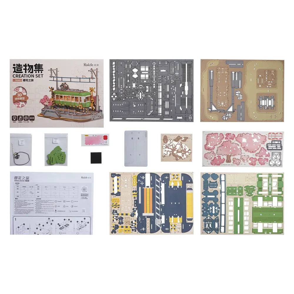 Macheta tramvai japonez model 3D din lemn cu detalii realiste