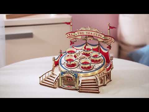 Puzzle 3D Carusel Rotativ cu Cescute, Cutie Muzicala Tilt-A-Whirl DIY din Lemn, 280 Piese, ROKR, 14 Ani+