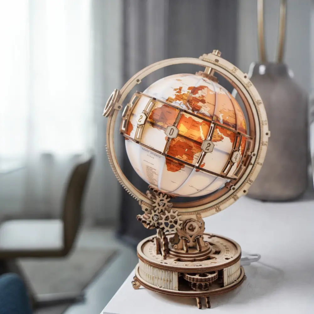 Puzzle 3D glob luminos Rokr 180 piese mecanism din lemn cu iluminare pentru lampa de veghe