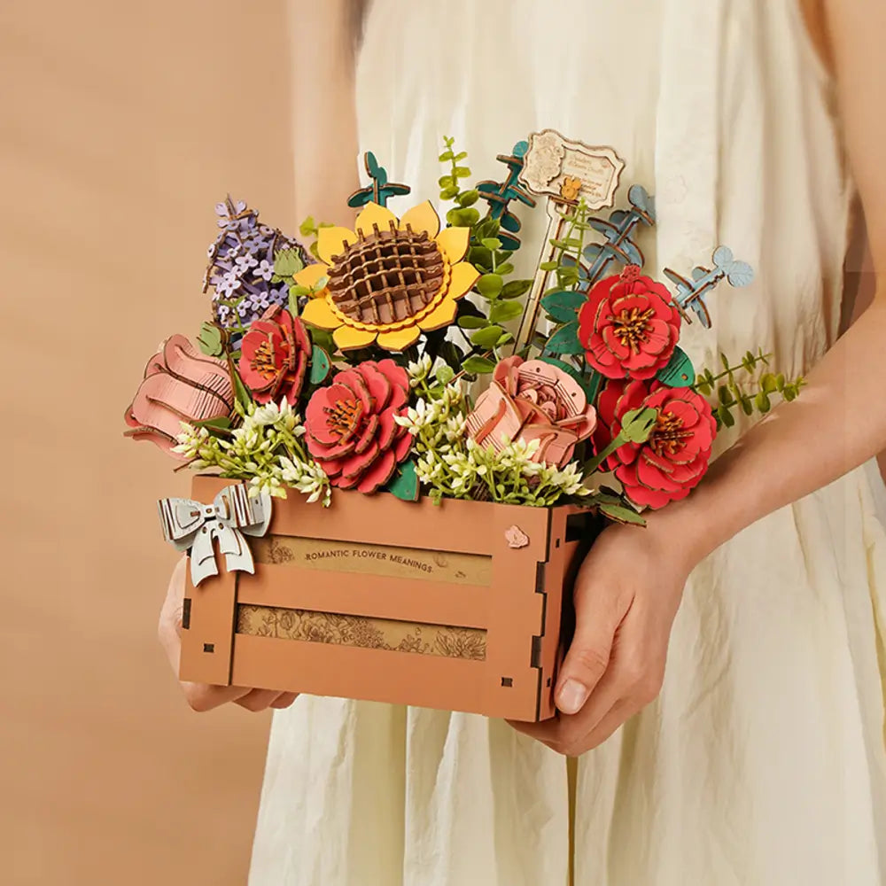 Puzzle 3D Cutie cu Flori din lemn buchet rustic din lemn cu flori viu colorate