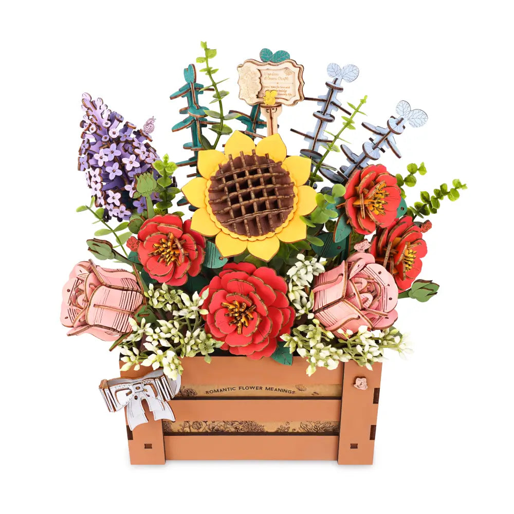 Puzzle 3D Cutie cu Flori din lemn buchet de flori in cos rustic din lemn Rowood