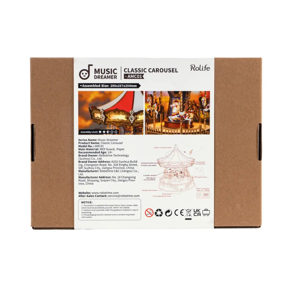 Puzzle 3D carusel clasic din lemn cu 265 de piese si melodii clasice recomandat 14+