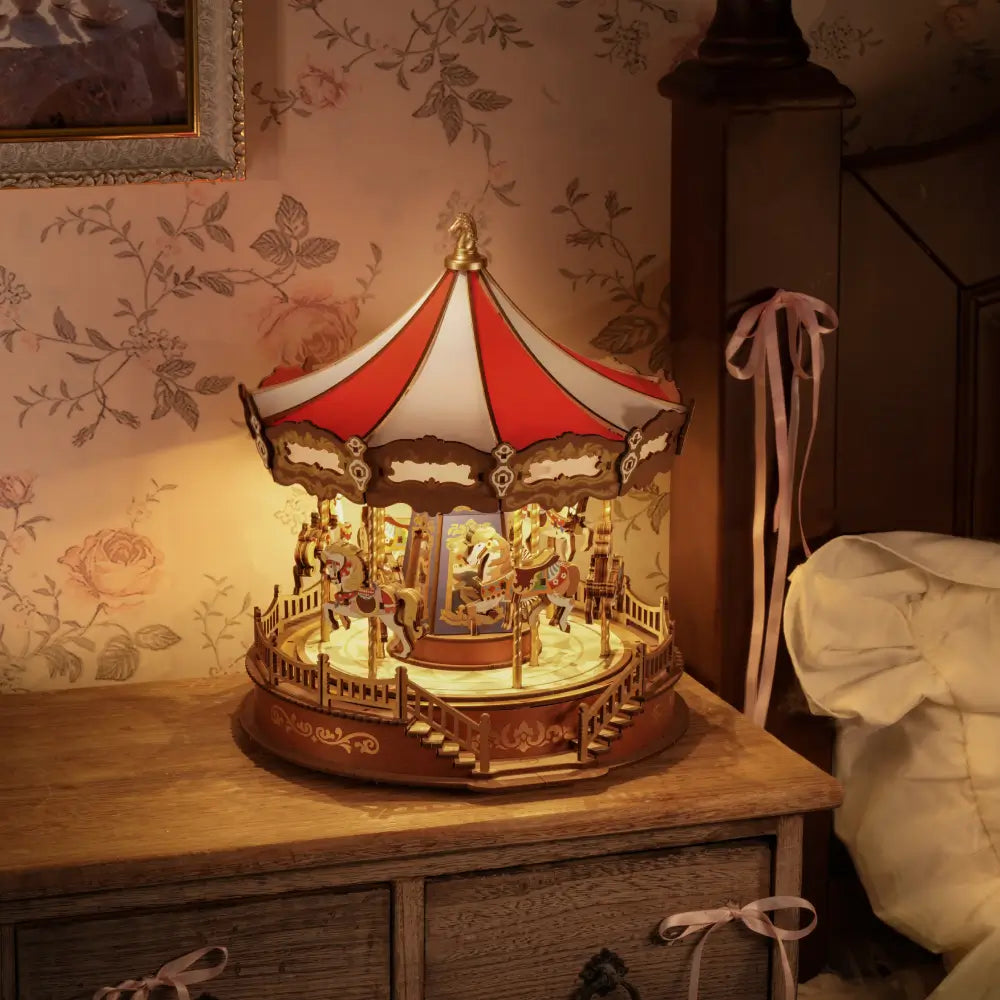 Puzzle 3d Cutie Muzicala carusel lemn iluminat vintage cu design nostalgic romantic