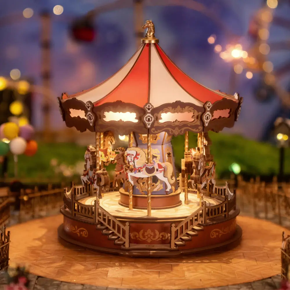 Puzzle 3D carusel muzical din lemn cu iluminare LED si cai decorativi in stil vintage romantic