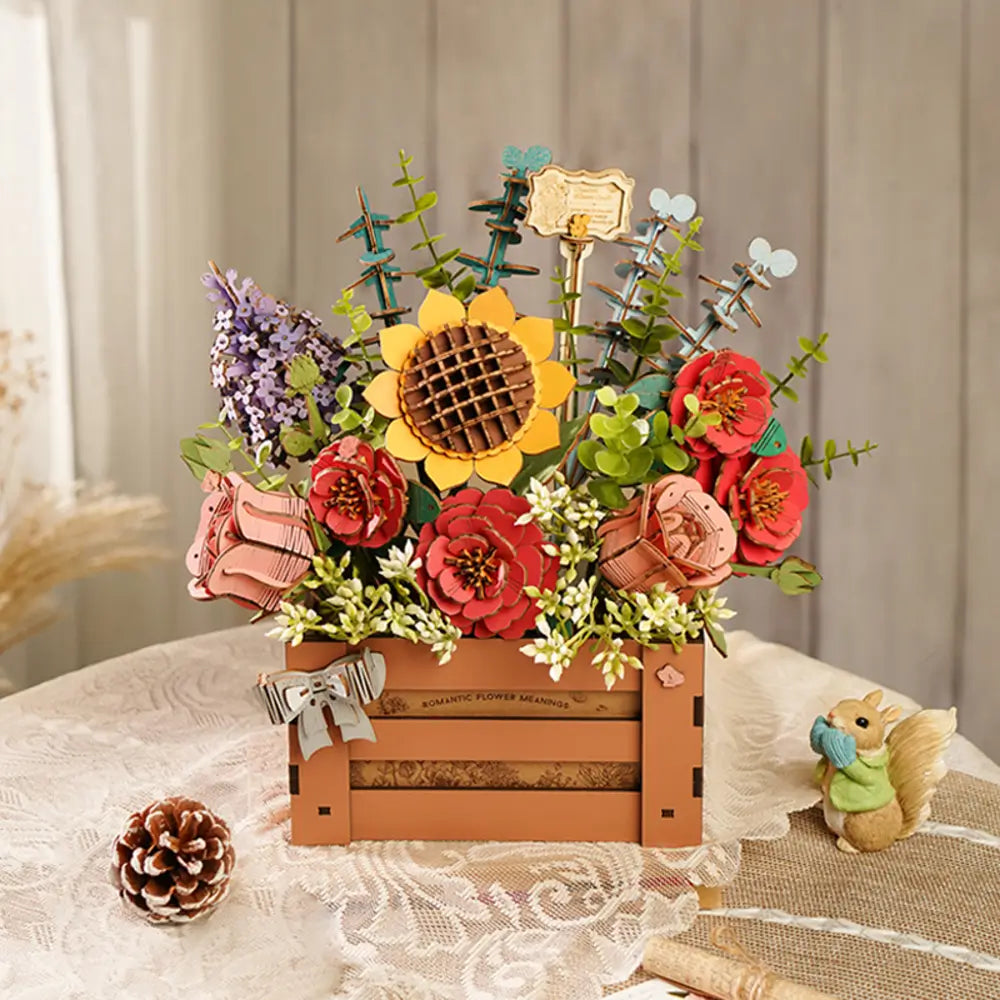 Puzzle 3D Cutie cu Flori din lemn buchet rustic in cos de lemn Sofiart