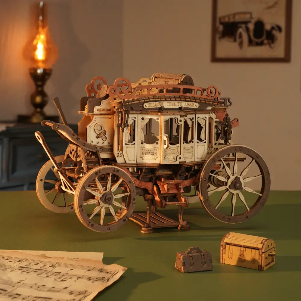 Puzzle 3D Diligenta surprins din fata aratand structura detaliata a trasurii