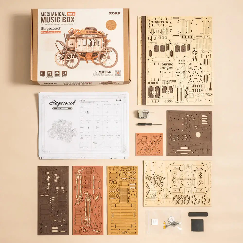 Set complet pentru asamblarea puzzle-ului 3D Diligenta ROKR incluzand piesele din lemn instructiunile de montaj si ambalajul original