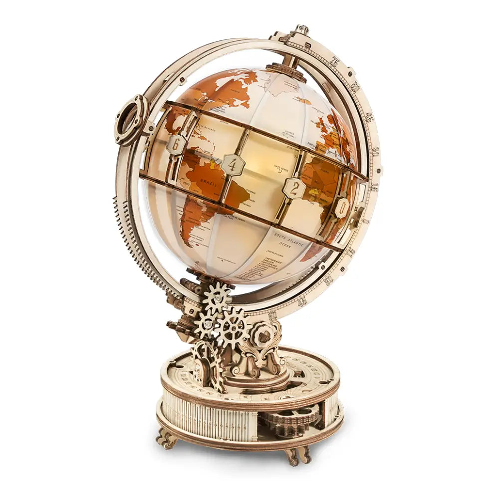 Puzzle 3D glob luminos mecanic din lemn Rokr, decor elegant si lampa de veghe cu design vintage si iluminare subtila