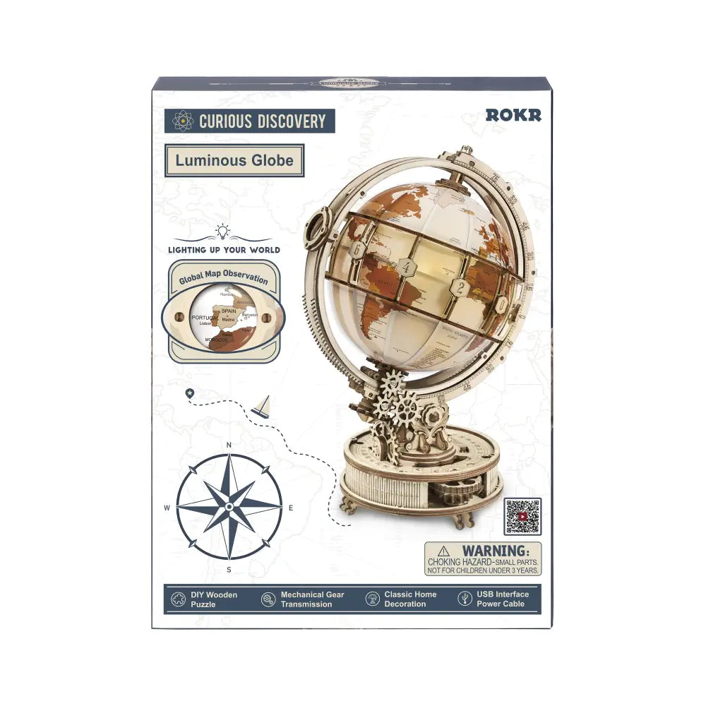 Puzzle 3D glob luminos Rokr cu design mecanic din lemn iluminare subtila si detalii deosebite