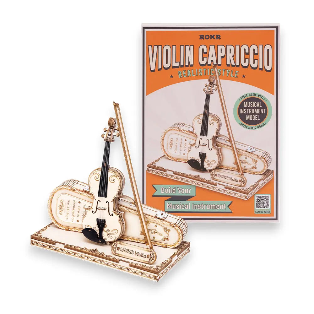 Vioară din lemn asamblată dintr-un puzzle 3D prezentand un design clasic elegant