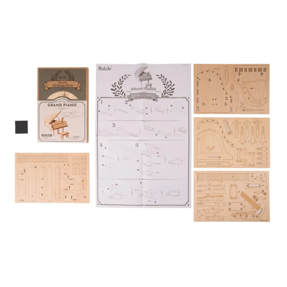 Pian, incluzand instructiunile si piesele din lemn pre-taiate pregatite pentru asamblare