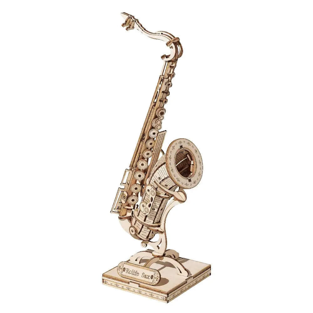 Puzzle 3D saxofon din lemn Rolife TG309, model DIY pe suport, instrument muzical