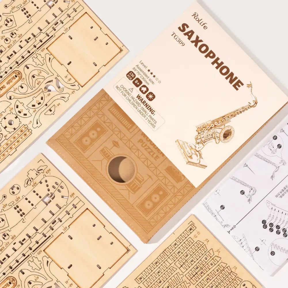 Puzzle 3D saxofon Robotime TG309 plăci din lemn și instrucțiuni incluse
