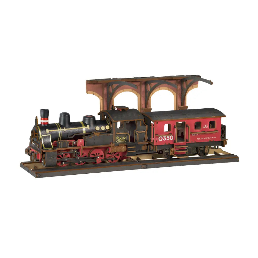 Puzzle 3D Tren cu Aburi Express Rolife din lemn, machetă locomotivă de epocă neagră cu roți roșii și detalii aurii