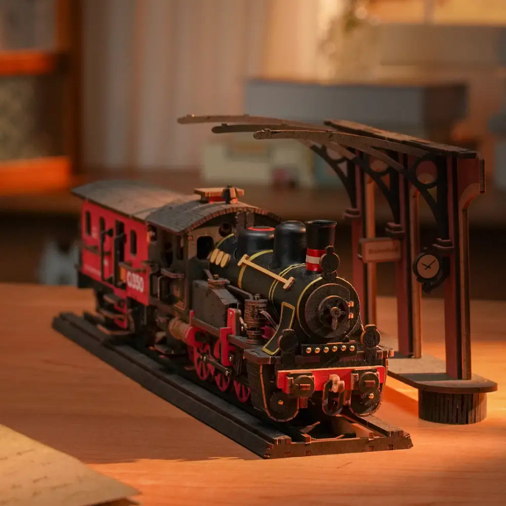Puzzle 3D Tren cu Aburi Express Rolife, locomotivă cu aburi și vagon, dioramă gară cu peron, model din lemn asamblat