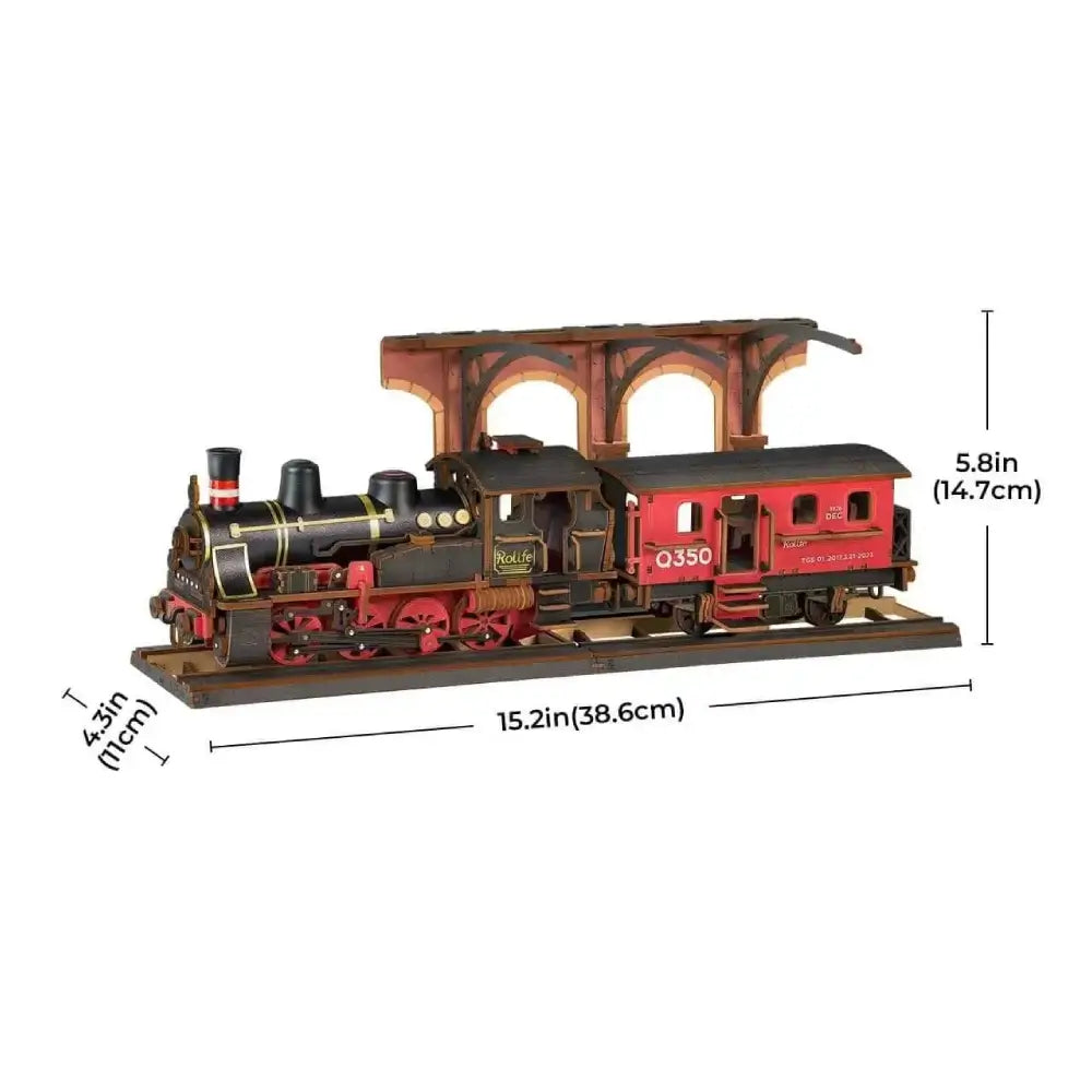 Puzzle 3D Tren cu Aburi Express Rolife, dimensiuni model asamblat 38,6 cm lungime și 14,7 cm înălțime, locomotivă cu aburi și vagon pe șină