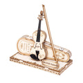 Puzzle 3D Vioara din lemn cu detalii fine si elegant montat pe un suport de lemn