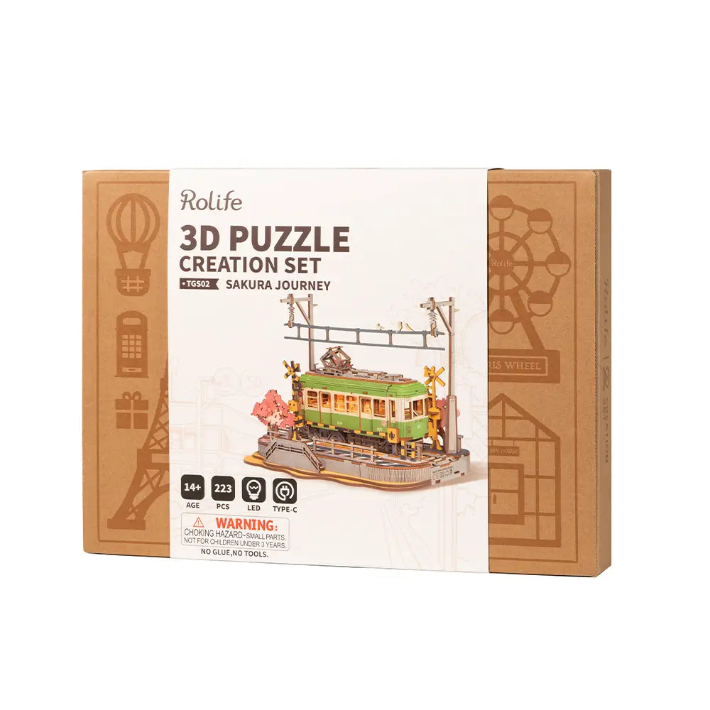 Puzzle de colectie din lemn tramvai japonez cu ciresi infloriti